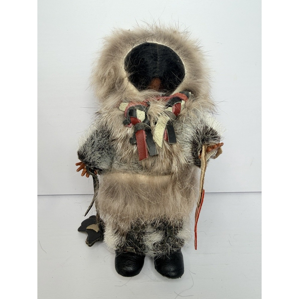Vintage Inuit Eskimo Doll Real Fur Parka Leather Boots Handcrafted 6"